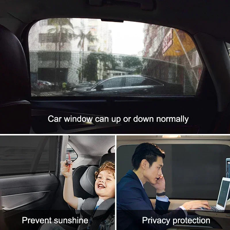 Demonstration of car window sun shades allowing normal opening and protection against sunlight.