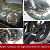 Carbon steel motorcycle chain with ultra-high temperature heat treatment shown in various sizes and angles.