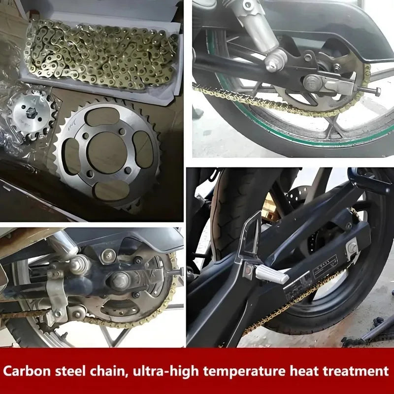 Carbon steel motorcycle chain with ultra-high temperature heat treatment shown in various sizes and angles.