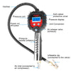 A digital tire pressure gauge showing various components including a pressure unit, display, air release valve, and an inflat