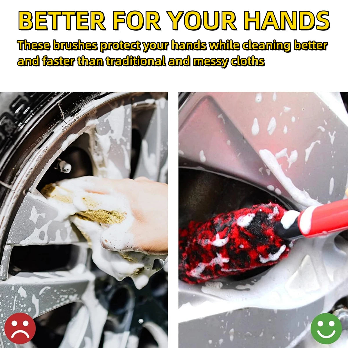 A close-up of a hand using a red detailing brush to clean dirt from a car wheel.