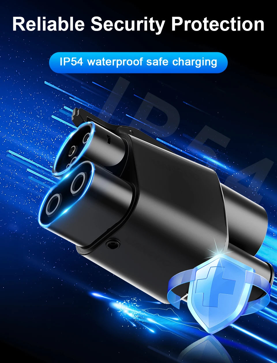 A black high-power EV charging adapter is shown with an IP54 waterproof safe charging feature.