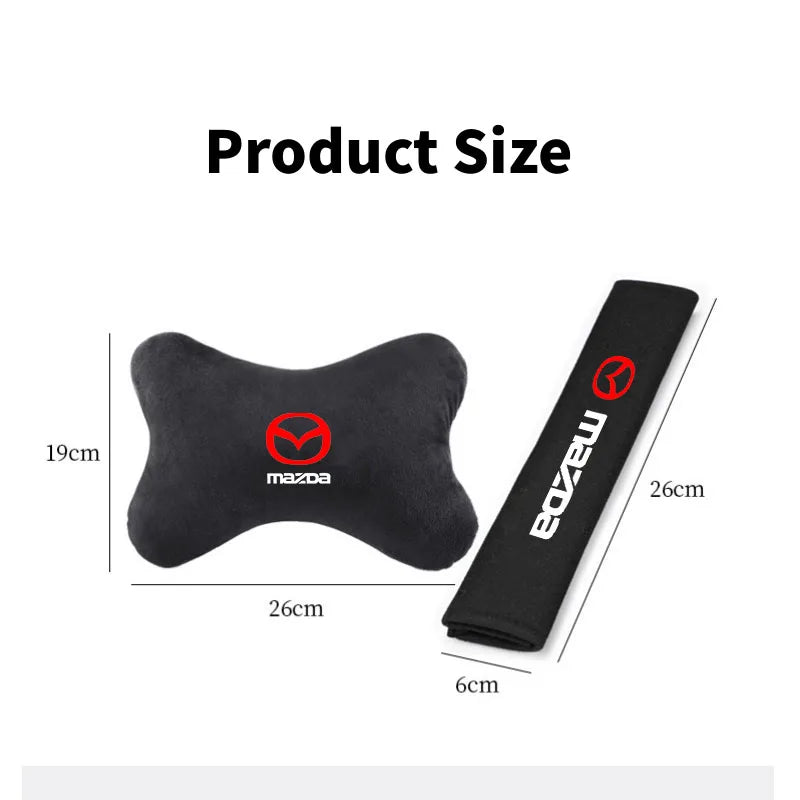 Black car headrest seat belt shoulder pad showing various dimensions.