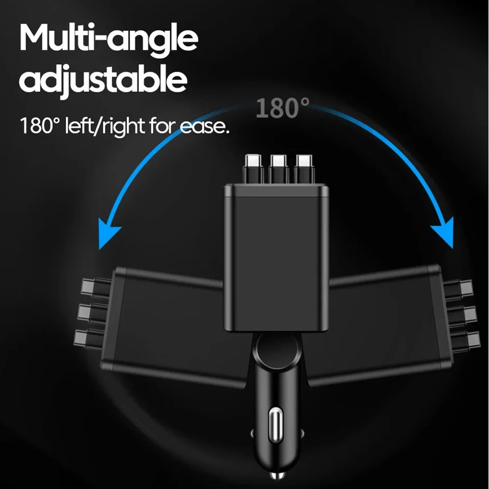 A black multi-angle adjustable high-power car charger with a flexible cable and multiple connectors.