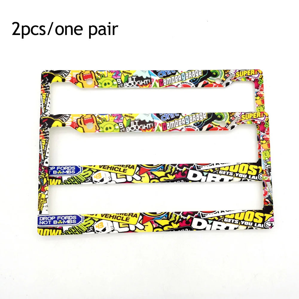 Two pairs of colorful JDM racing style license plate frame decorations are displayed.
