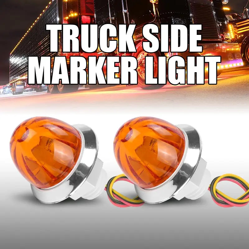A close-up view of a round orange LED truck side marker light with colored wires.