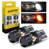 A set of universal dual color LED turn signals with clear lenses and black housing shown next to its packaging.