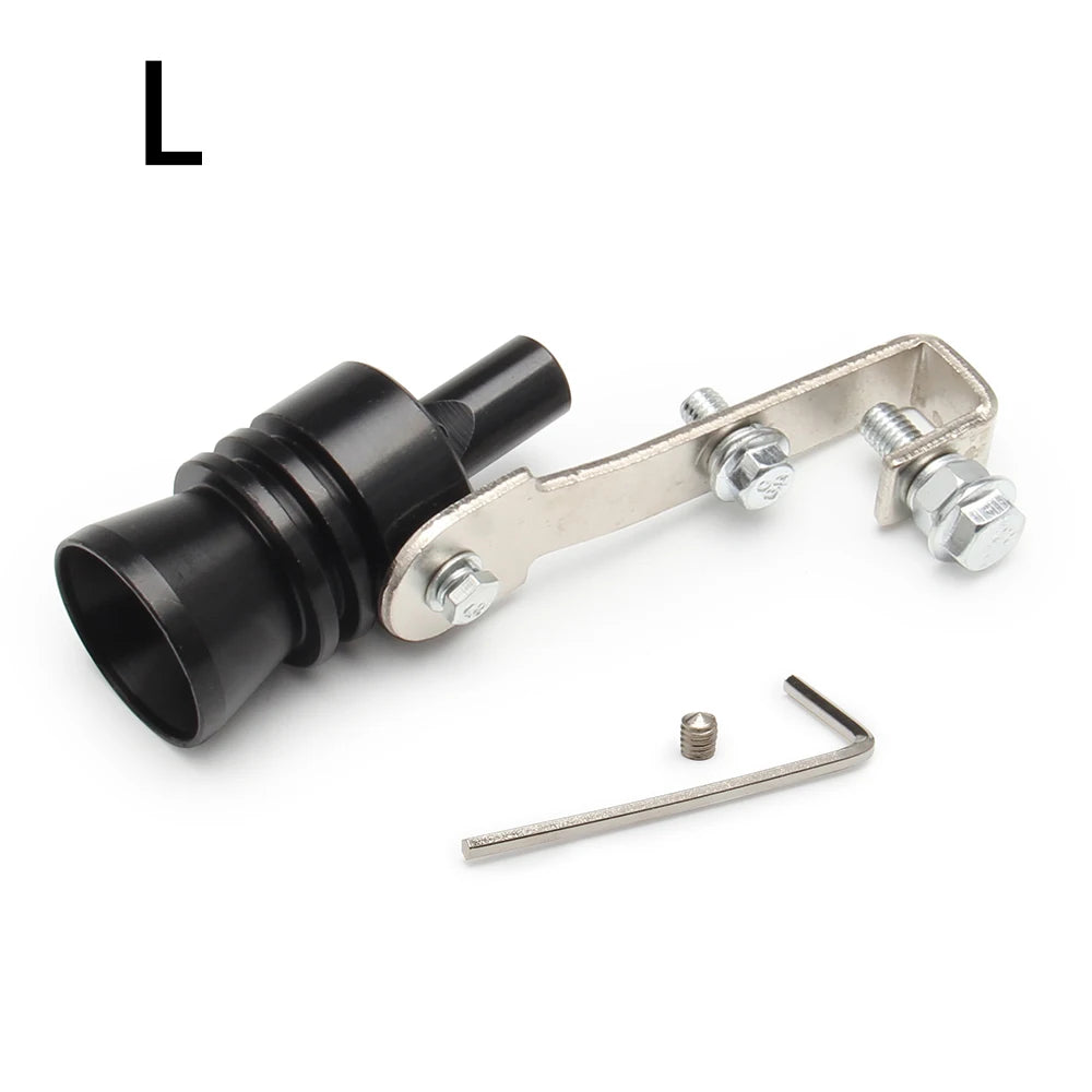 A black universal turbo exhaust whistle with a metal mounting bracket and bolt.