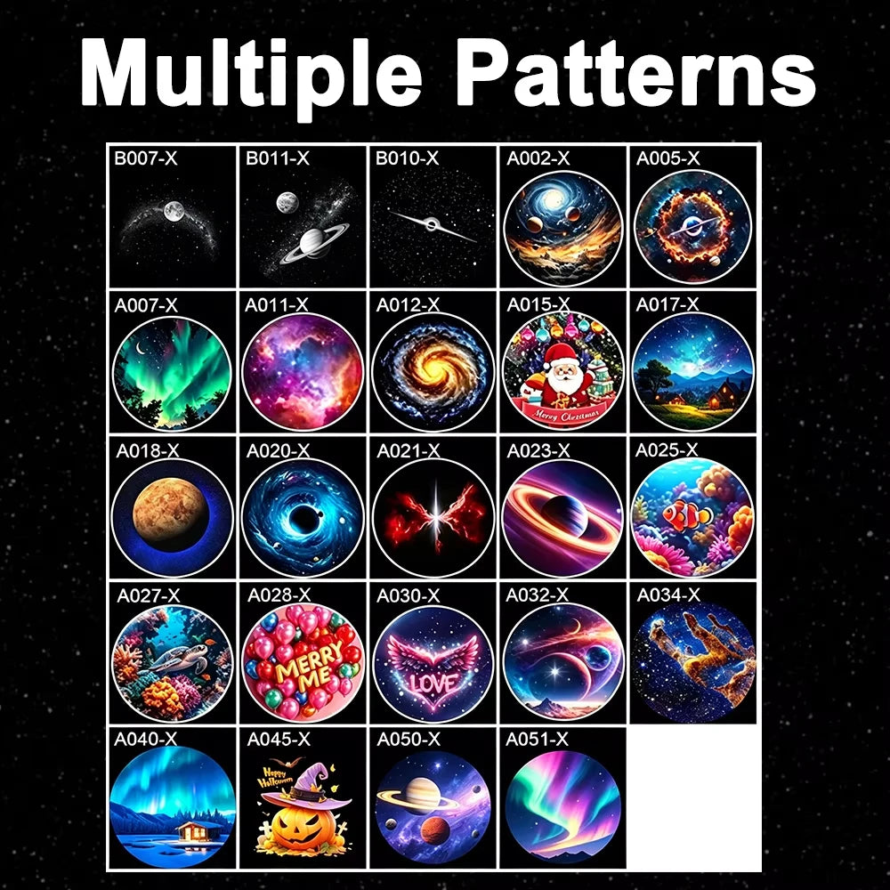 A grid of multiple patterns for a starry sky projector night light featuring various celestial and festive designs.