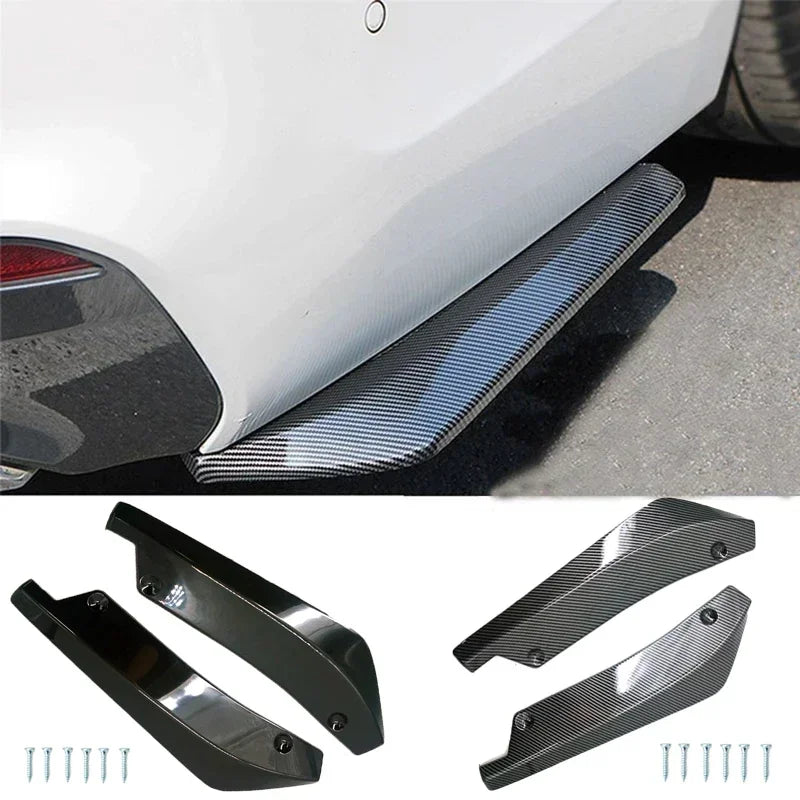 Black carbon fiber bumper lip spoiler for a car, shown in various angles.