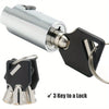 A silver security lock set featuring a cylindrical lock and three keys attached to a black padlock.