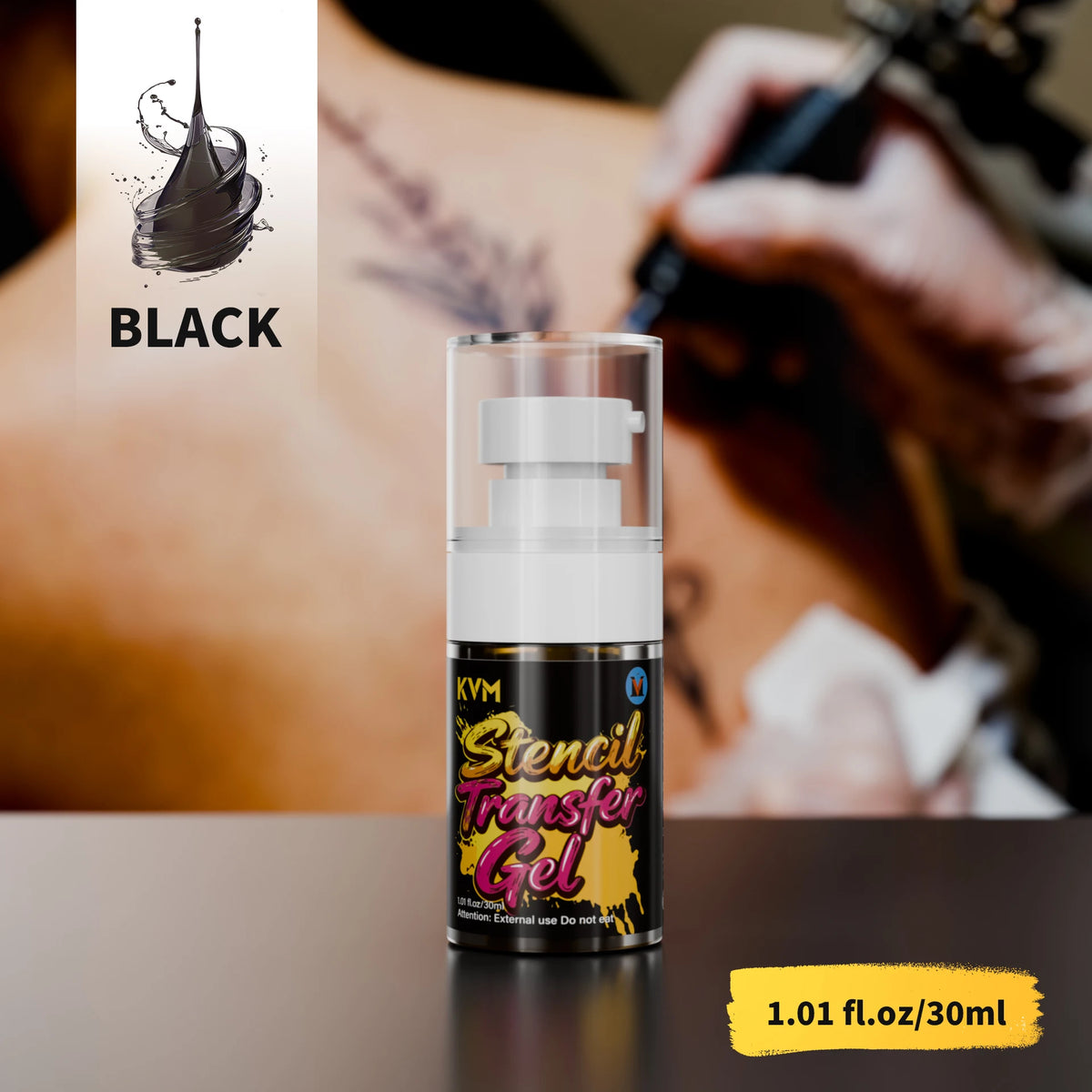 A bottle of Stencil Transfer Gel for tattoos is shown next to a person's arm being tattooed.