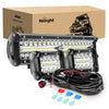 A black Off-Road LED light bar and pod combo kit with a wiring harness is displayed next to its packaging box.