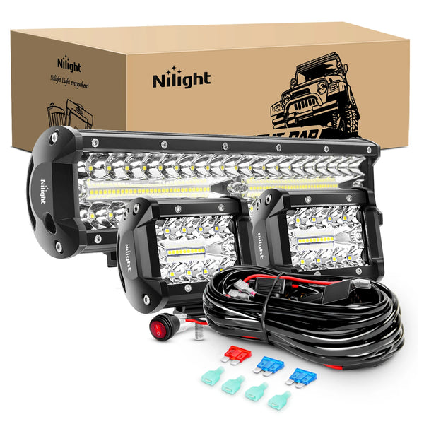 A black Off-Road LED light bar and pod combo kit with a wiring harness is displayed next to its packaging box.