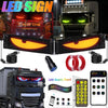 Various LED signs and matrix panels displayed alongside a modified truck and a smartphone.