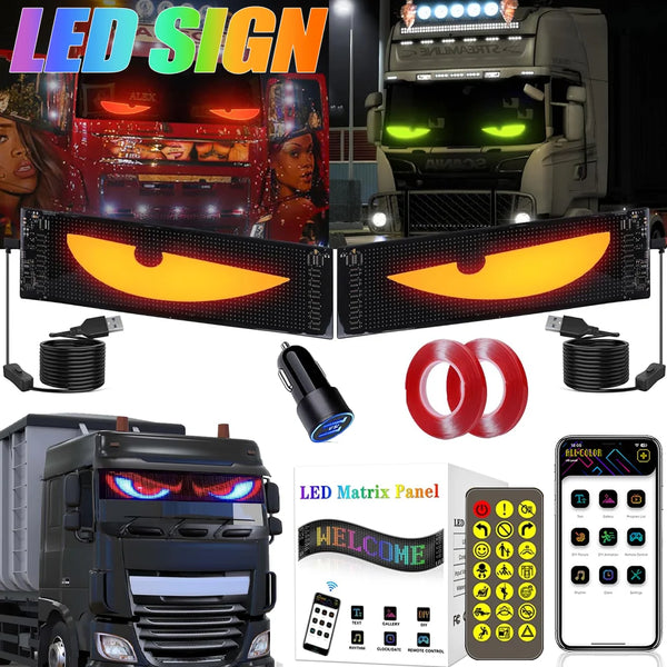 Various LED signs and matrix panels displayed alongside a modified truck and a smartphone.