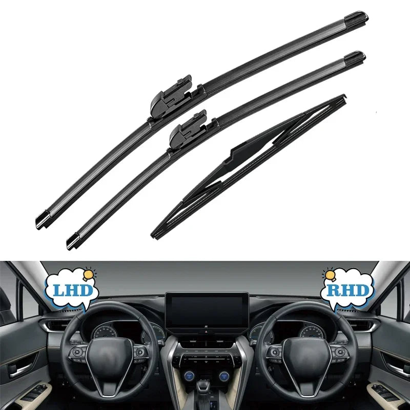 A set of complete wiper blades for a Subaru Forester, shown alongside a steering wheel interior.