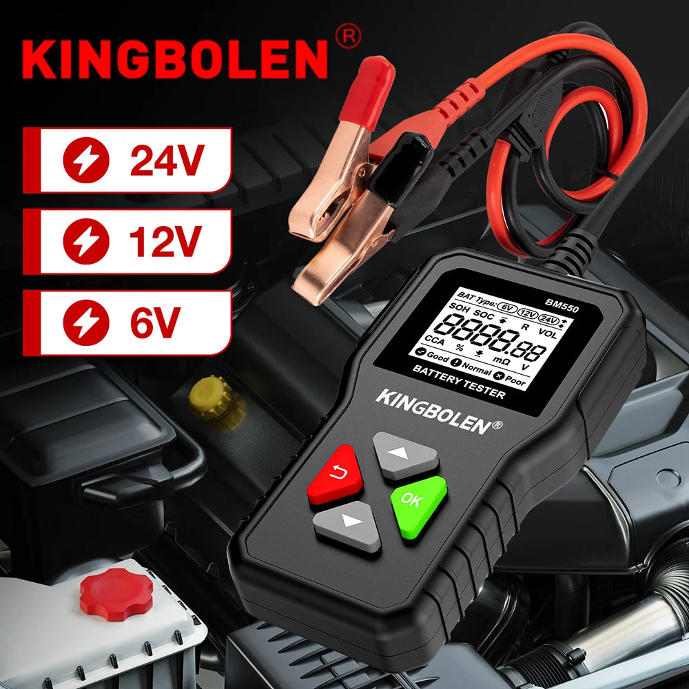 Testeur de batterie digital Kingbolen avec indicateurs rouge et vert à côté de diverses options de tension.