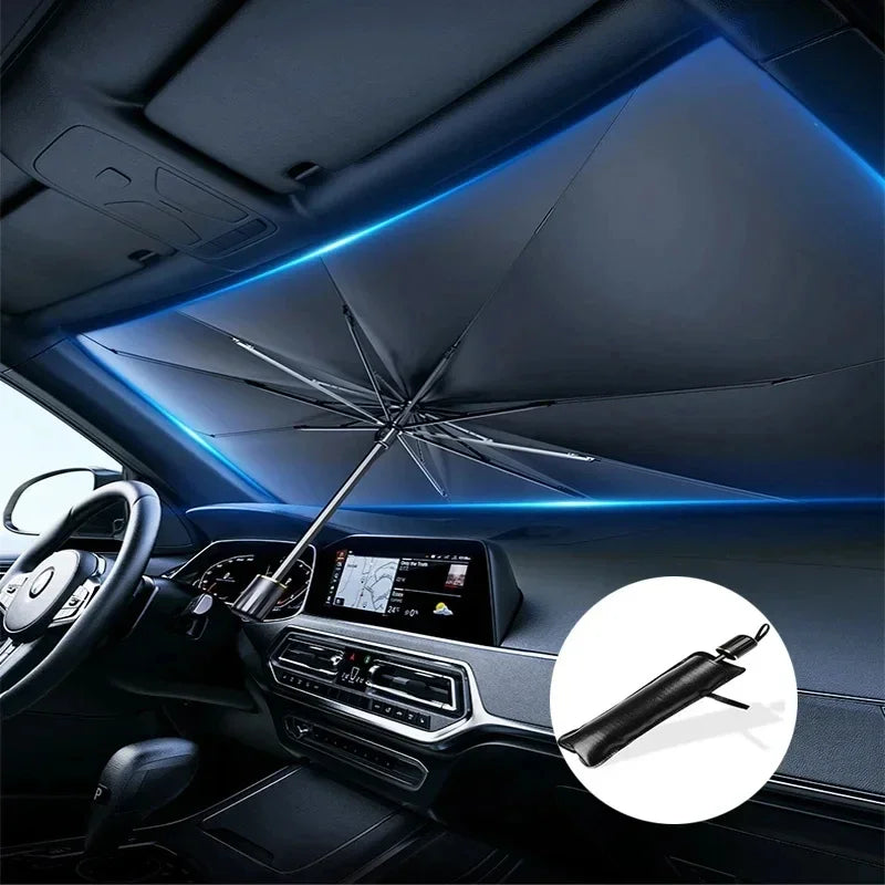Vue intérieure d'une voiture montrant un pare-soleil rétractable anti-UV installé sur le toit avec un éclairage LED bleu.