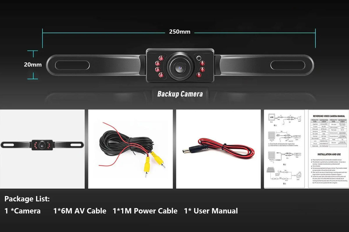 A black wired backup camera is shown with its housing, lens, and accompanying cables on a dark background.