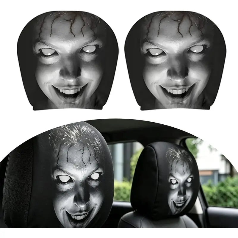 Un par de fundas para la cabeza con temática de Ghost Face para coche, con un diseño facial amenazador.