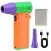 An orange and green high-speed turbo air blower with a purple nozzle, charging cable, and purple adapter.