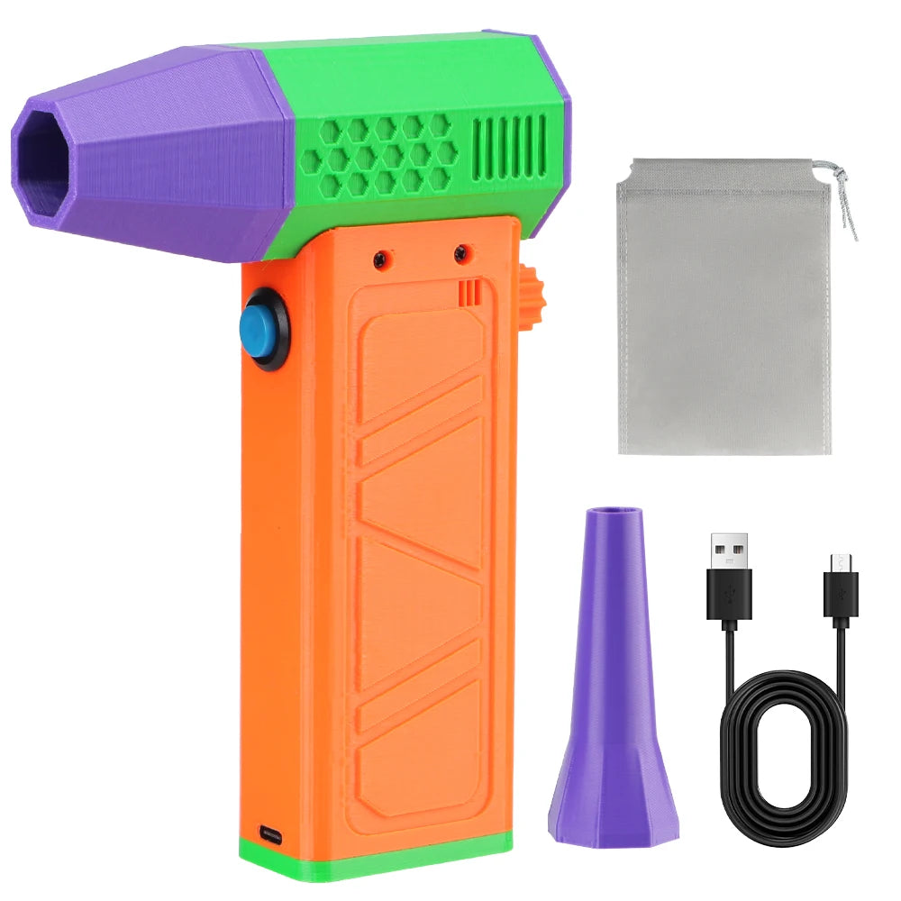 An orange and green high-speed turbo air blower with a purple nozzle, charging cable, and purple adapter.