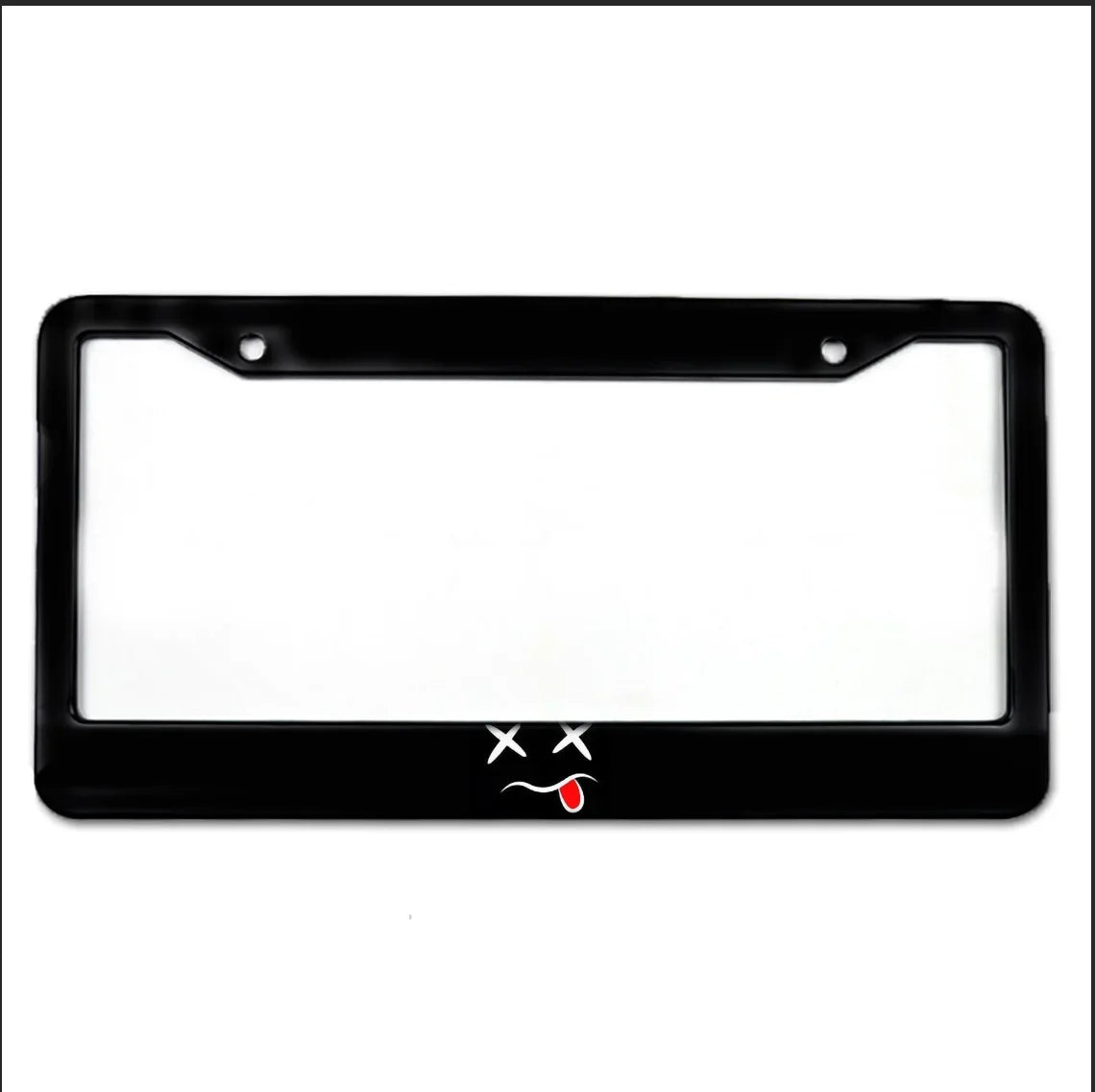 Black aluminum license plate frame with a stylized smiling face design.