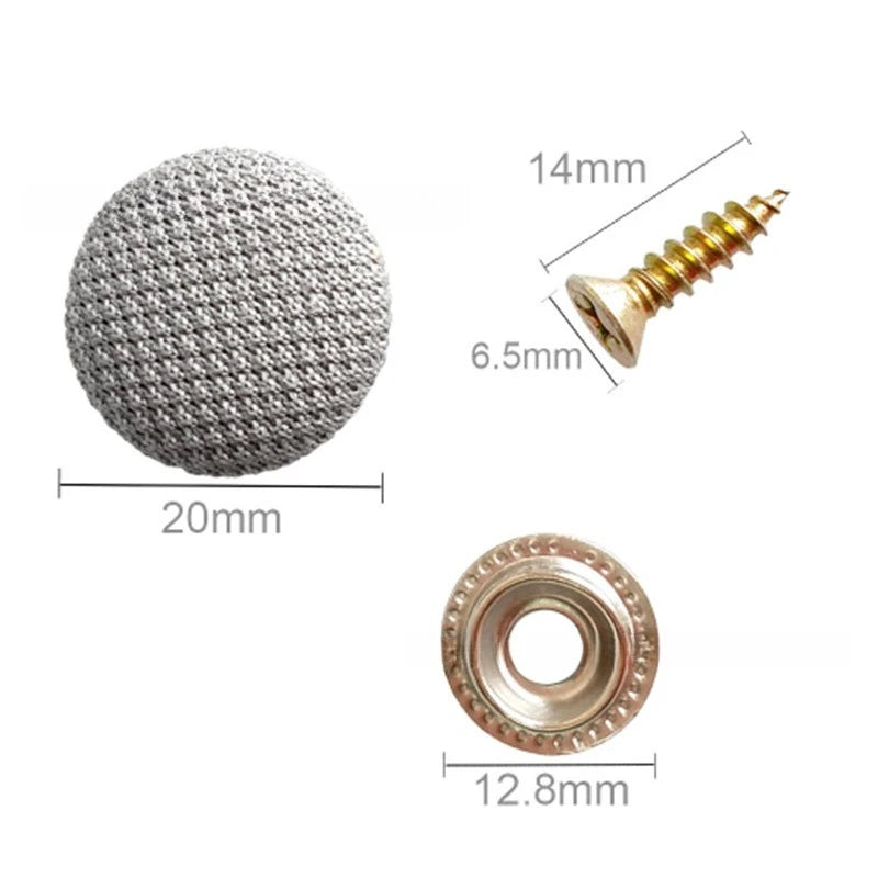 A set of universal auto headliner repair fasteners including a mesh ball, a brass screw, and a metal ring.