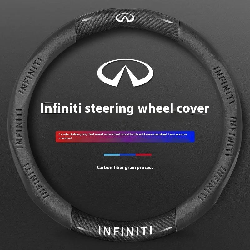 Black steering wheel cover for Infiniti models featuring carbon fiber grain and breathable material.