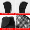Front and back views of a black gear shift knob cover with rhinestone embellishments and velcro adhesion