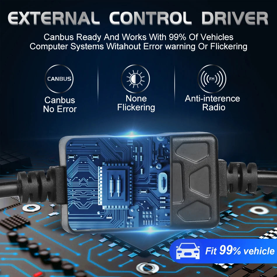 External control driver module for Canbus systems, featuring LED headlight bulbs.