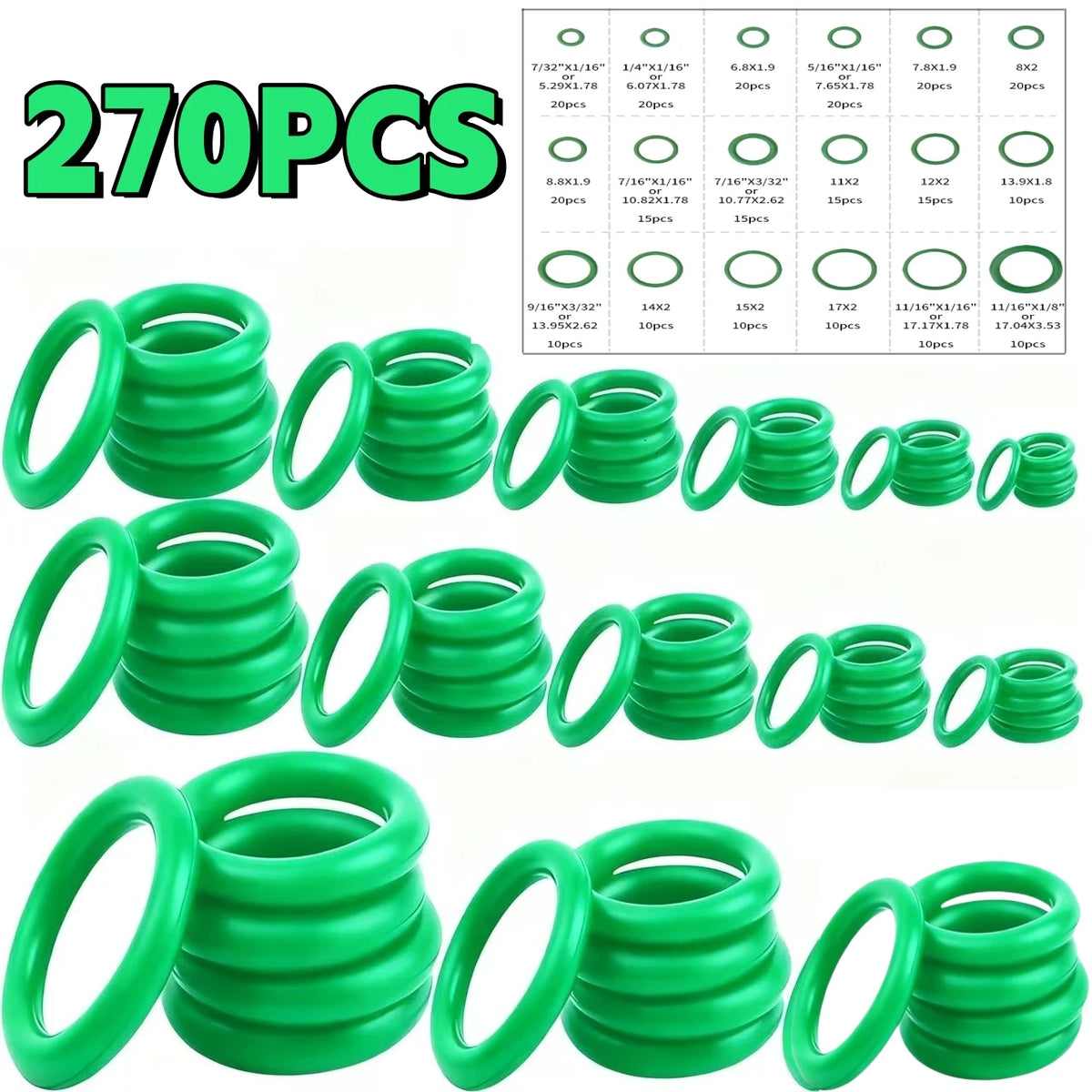 A collection of green rubber O-rings and gaskets for automotive air conditioning systems.