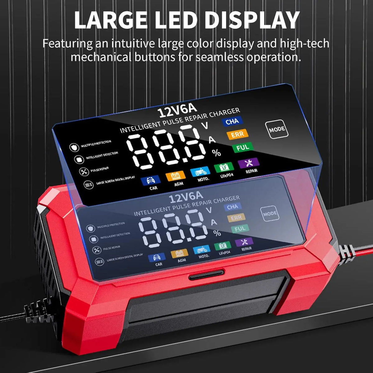 A red and black intelligent pulse repair charger with a large LED display is shown on a dark surface.