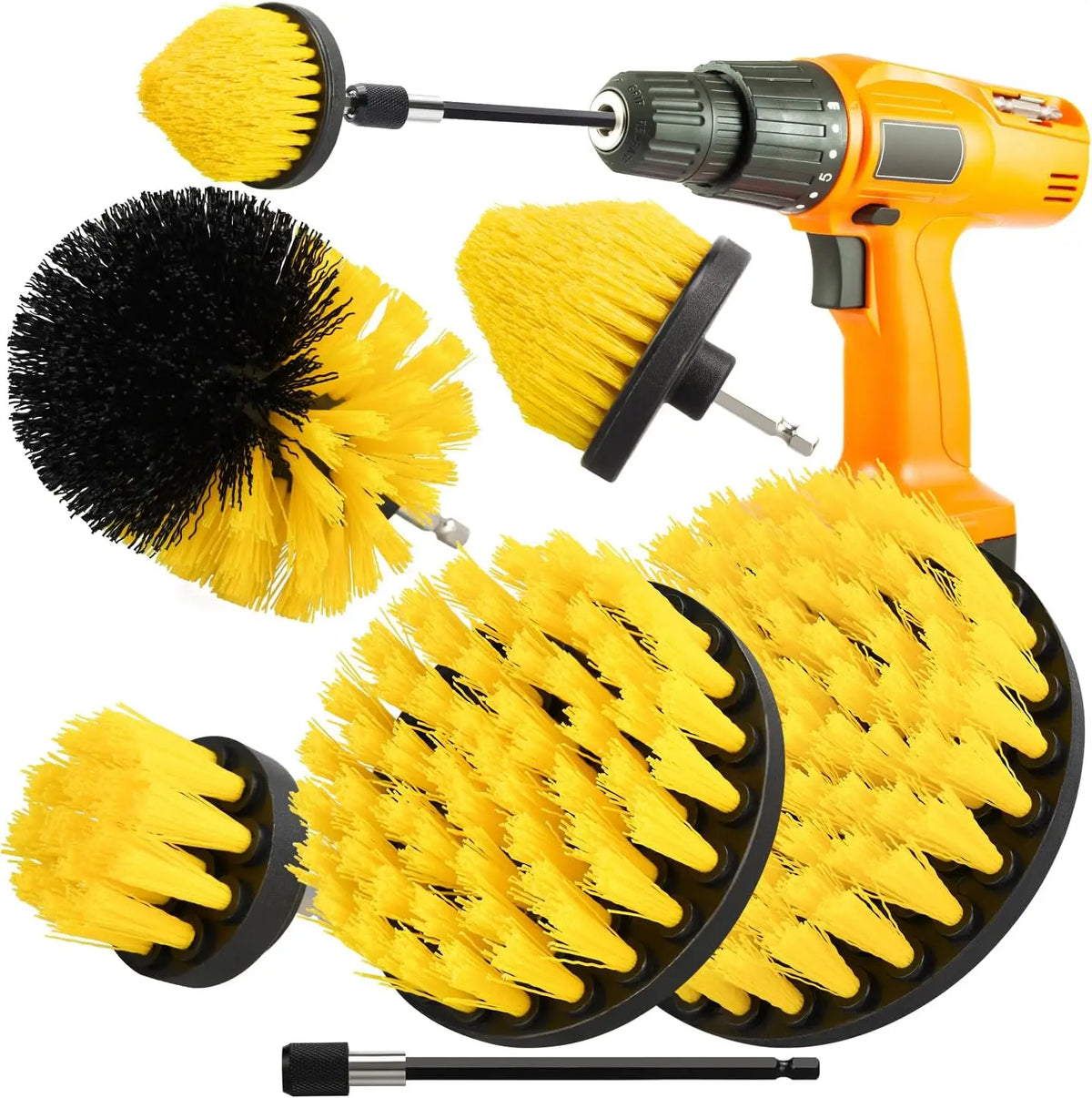 An orange handheld electric brush set with yellow and black bristles and a cleaning attachment.