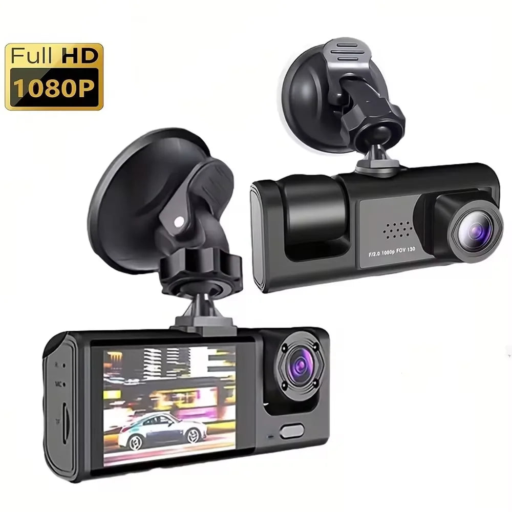 Eine schwarze Dashcam-Kamera mit Objektiv und Montagehalterung sowie die einzelnen Komponenten.