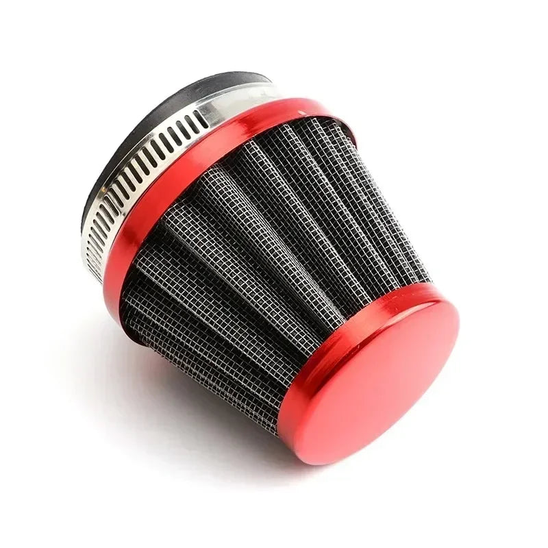 Filtre à air universel pour moto avec un cœur en maille noire et un boîtier rouge extérieur.