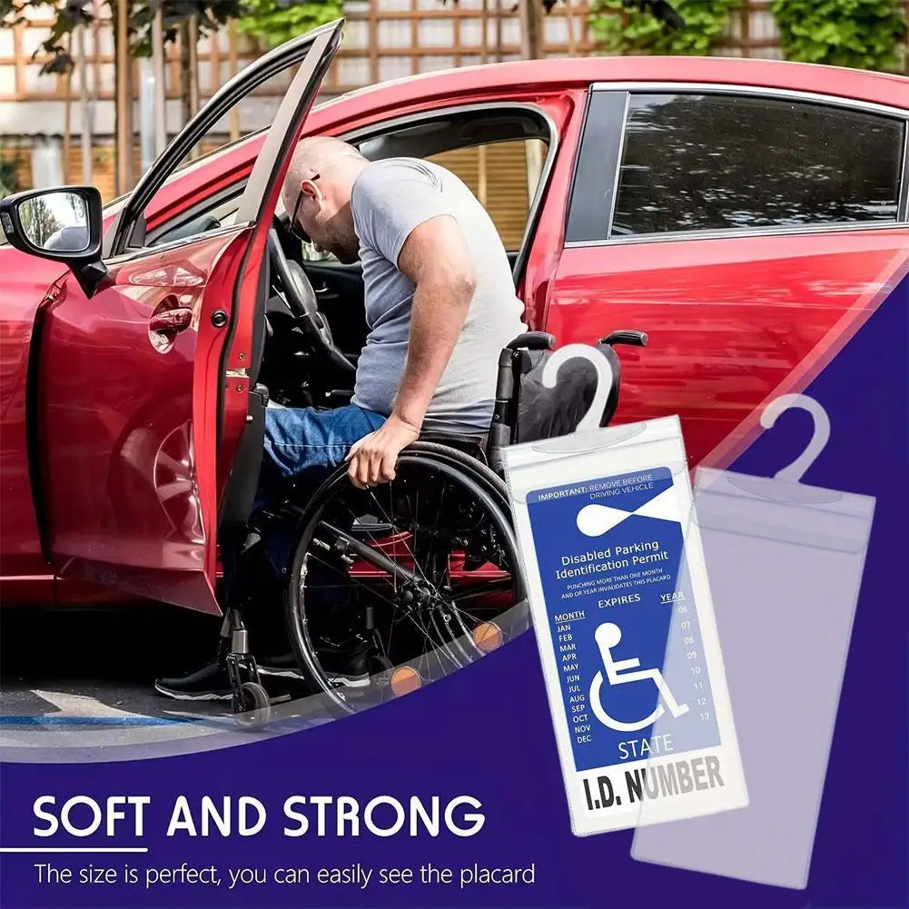 A man is holding a parking permit holder and protector for a vehicle.