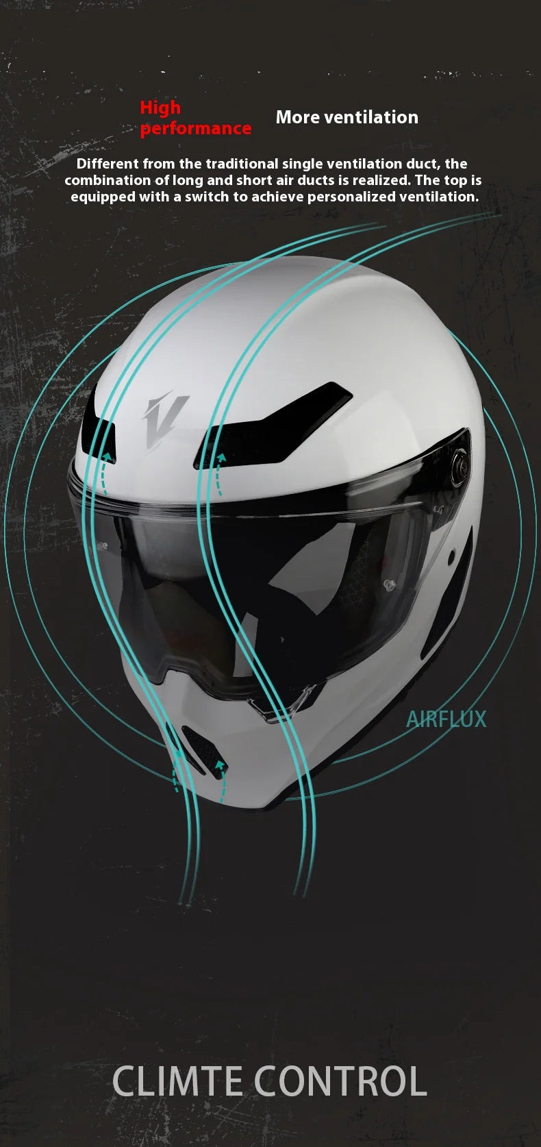 Casco de motocicleta blanco con visor oscuro y líneas de ventilación, con sistema de control climático.