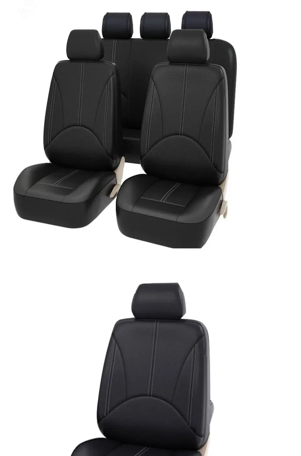 A set of black universal PU leather car seat covers, including front and rear seats.