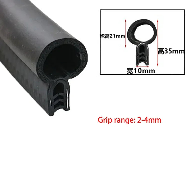 A black U-shaped door edge seal strip with a loop for installation and a grip range of 2-4mm.