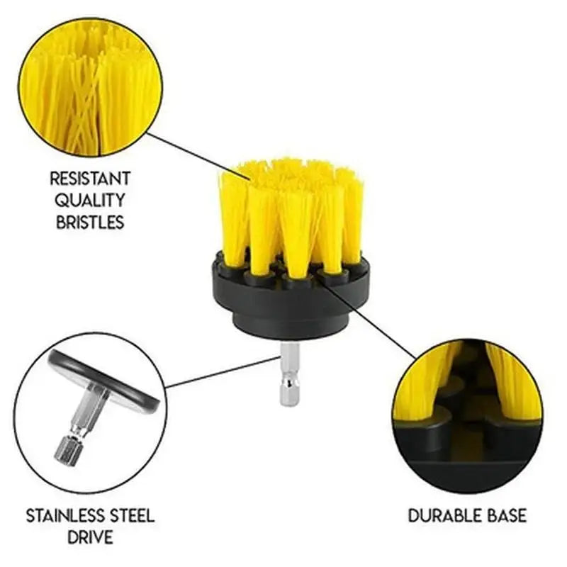 A set of three yellow bristles and a stainless steel drive for a power scrubber brush attachment.