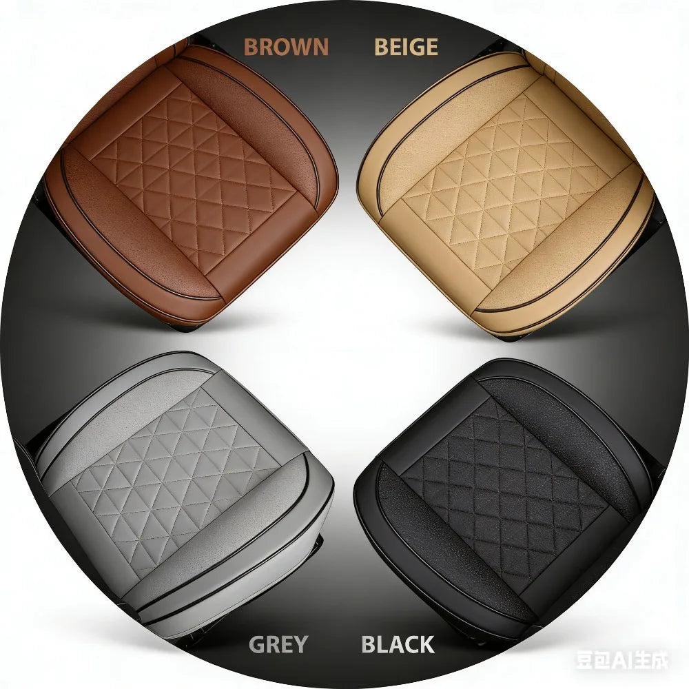 A circular display showing five different colors of car front seat covers: brown, beige, grey, black, and brown.