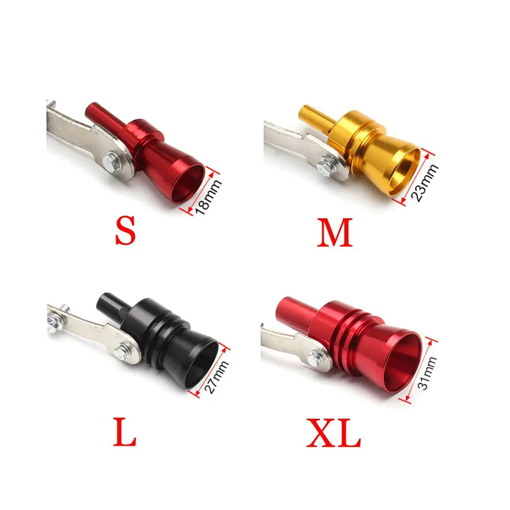A set of turbo sound exhaust whistles labeled S, M, L, and XL showing different sizes and colors.