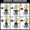 A comparison chart showing different sizes of Series Dimension LED headlight bulbs H7, H4, H8, H9, and H1, with corresponding