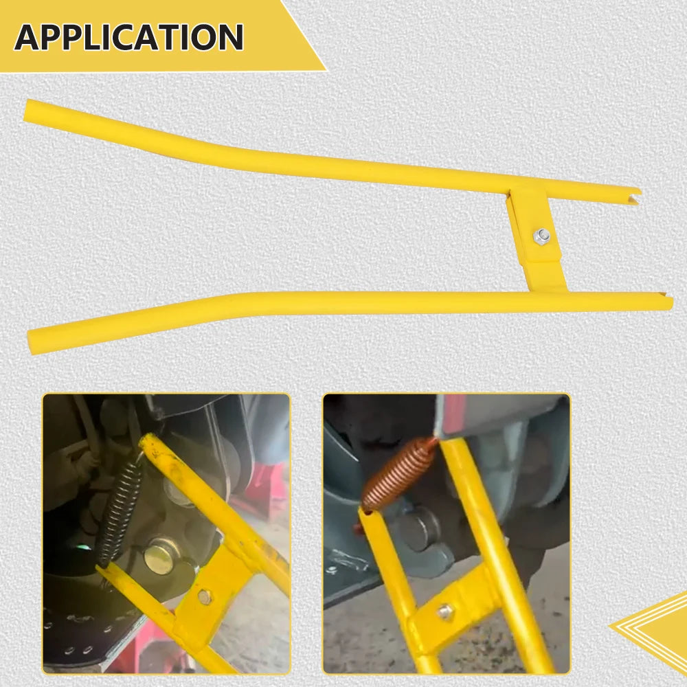 Yellow heavy duty truck brake spring removal and installation tool shown in application context.