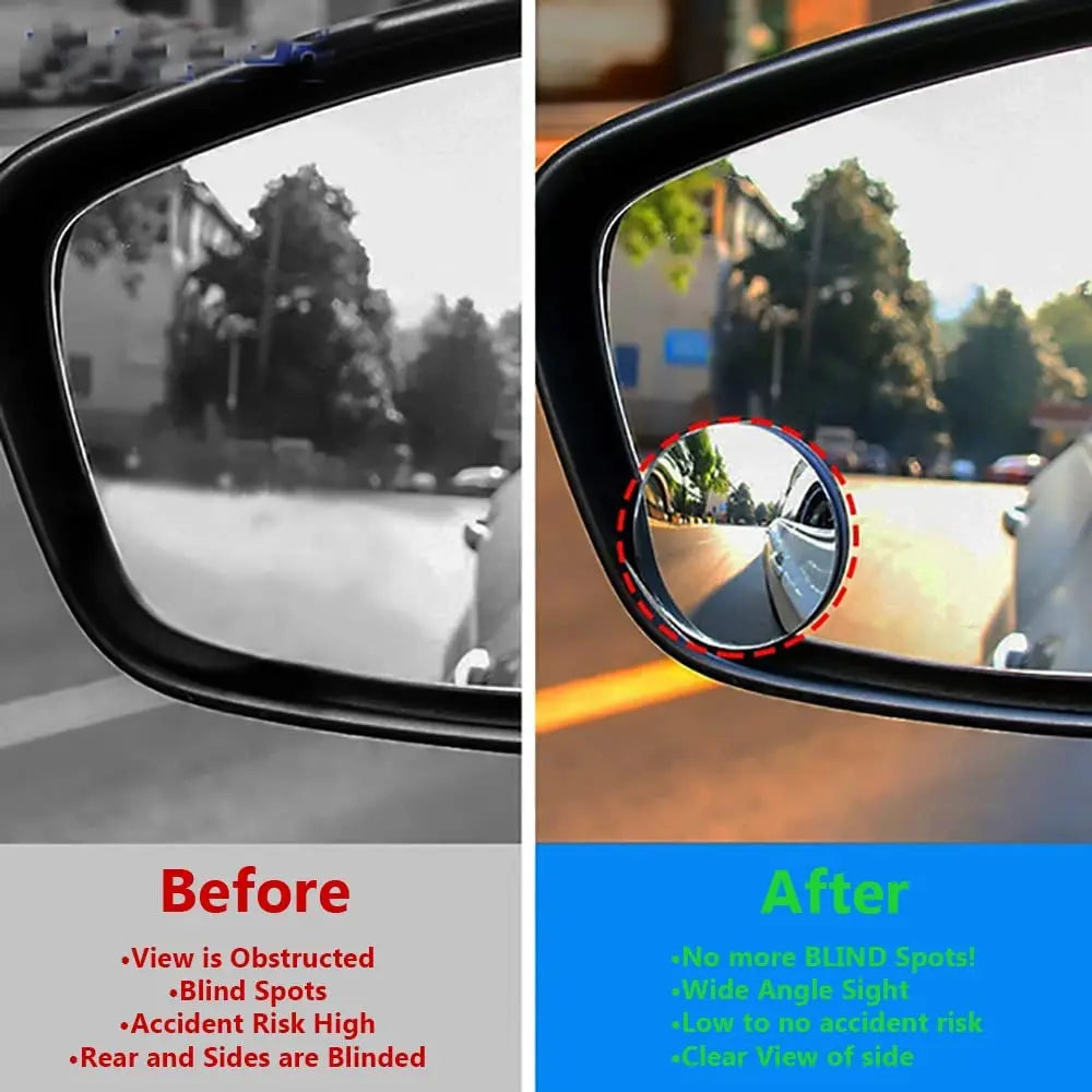 Comparison of a standard rearview mirror and a 360° adjustable car blind spot mirror showing improved visibility.