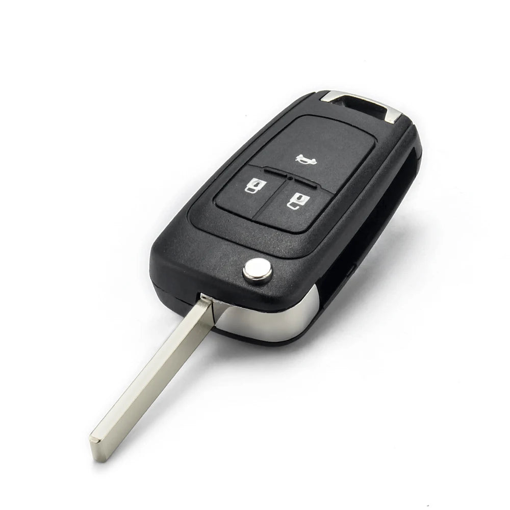 Black flip remote car key with a silver blade and buttons for Chevrolet, Opel, and Vauxhall models