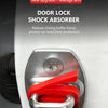 A close-up of a door lock shock absorber featuring a red and silver lever mechanism for car door protection.