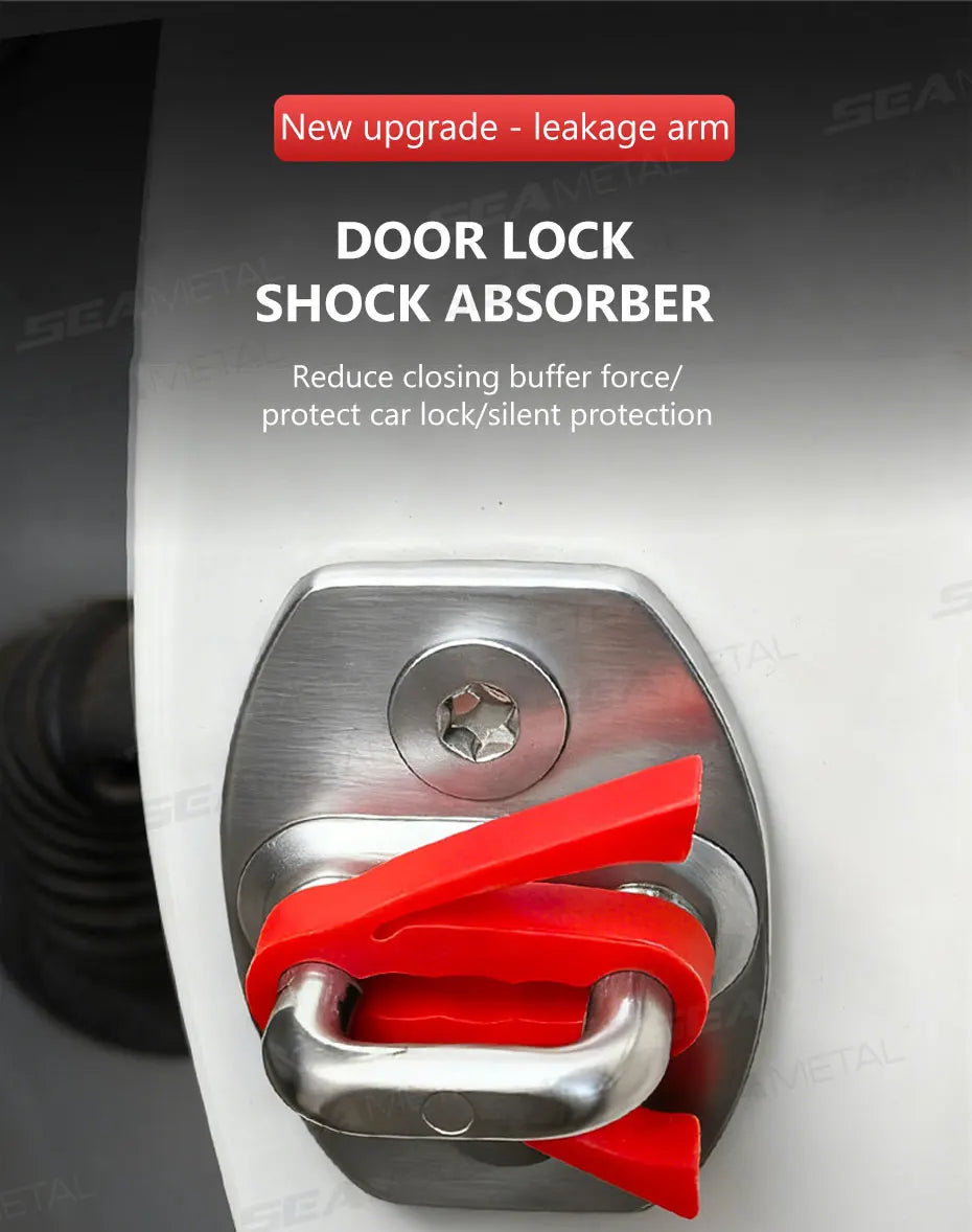 A close-up of a door lock shock absorber featuring a red and silver lever mechanism for car door protection.